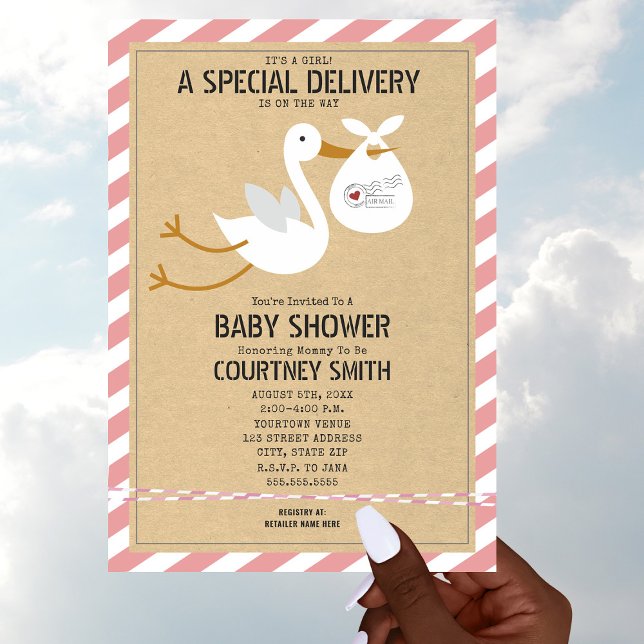 Air Mail Special Delivery Stork Girl Baby Shower Invitation (Creator Uploaded)