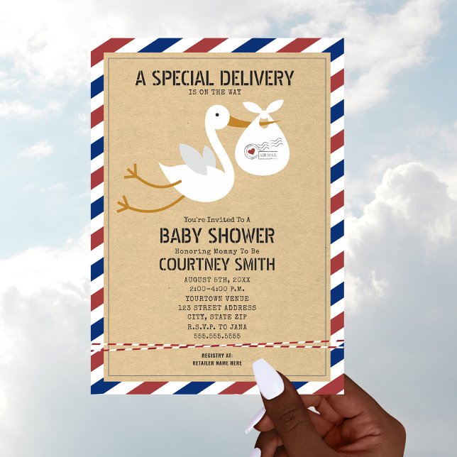 Air Mail Special Delivery Stork Unisex Baby Shower Invitation (Creator Uploaded)