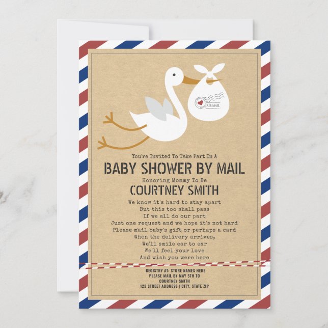 Air Mail Stork Red Blue Baby Shower By Mail Invitation (Front)