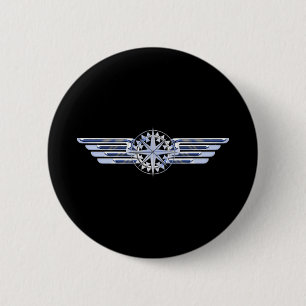 Air Pilot Chrome Like Wings Compass on Black 6 Cm Round Badge