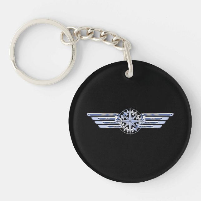 Air Pilot Chrome Like Wings Compass on Black Key Ring (Front)