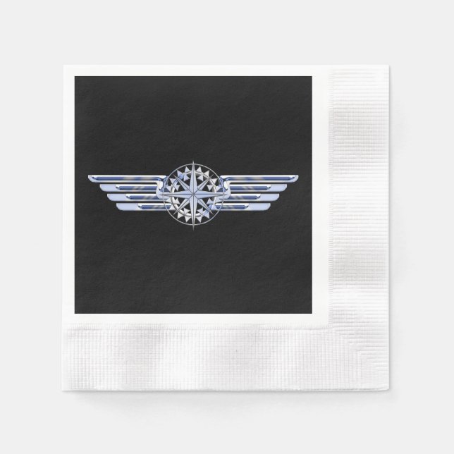 Air Pilot Chrome Like Wings Compass on Black Napkin (Front)