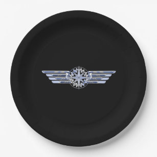 Air Pilot Chrome Like Wings Compass on Black Paper Plate
