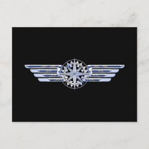 Air Pilot Chrome Like Wings Compass on Black Postcard