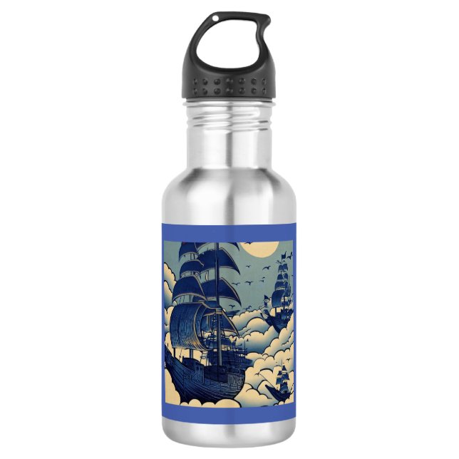 Air Ships Sailing Above Clouds - Woodcut 1 532 Ml Water Bottle (Front)