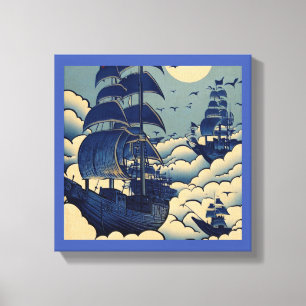 Air Ships Sailing Above Clouds - Woodcut 1 Canvas Print