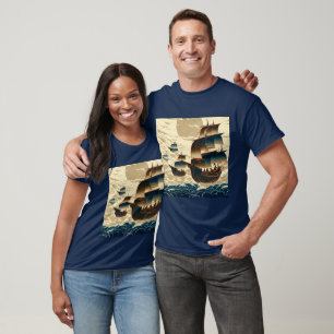 Air Ships Sailing Above Clouds - Woodcut 2 T-Shirt