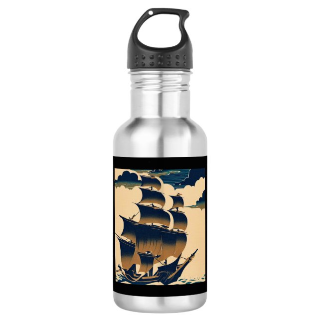 Air Ships Sailing Above Clouds - Woodcut 3 532 Ml Water Bottle (Front)