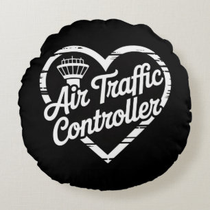 Air Traffic Controller Rainbow Heart Round Cushion