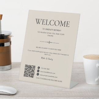Airbnb Welcome Vacation House Rental QR Code Beige Pedestal Sign