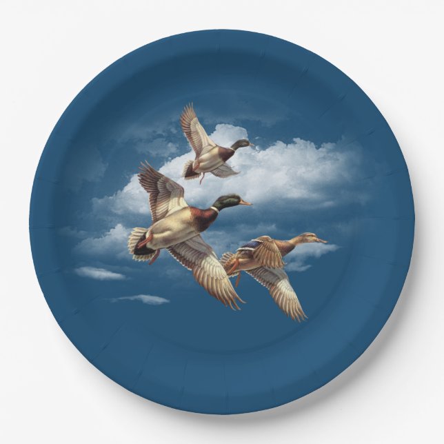 Airborne Mallard Ducks On Blue Paper Plate (Front)