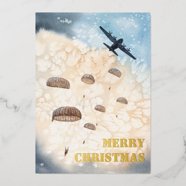 Airborne Paratroopers Jump Christmas Foil Holiday Card (Front)