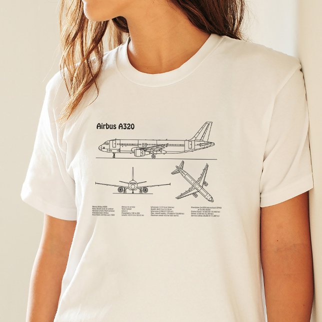 Airbus A320 - Aeroplane Blueprint Drawing Plans BD T-Shirt (Airbus A320 - Airplane Blueprint Drawing Plans BD. Women Basic White T-Shirt)