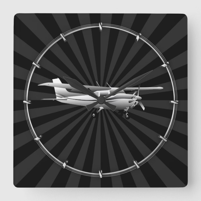 Aircraft Cessna Silhouette Flying Sunburst Decor Square Wall Clock (Front)