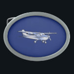 Aircraft  Chrome Cessna Silhouette Flying on Blue Oval Belt Buckle<br><div class="desc">Aircraft Classic Cessna Silhouette Flying on blue for any aviation enthusiast, customise this with text if you wish. The Cessna aeroplane is designed to make it look like a silver chrome applique. Easily add text to this design in one step. Just click on the "Customise It!" button to reveal the...</div>