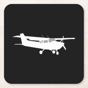 Aircraft Classic Cessna Silhouette Flying on Black Square Paper Coaster