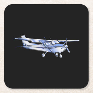 Aircraft Classic Cessna Silhouette Flying on Black Square Paper Coaster