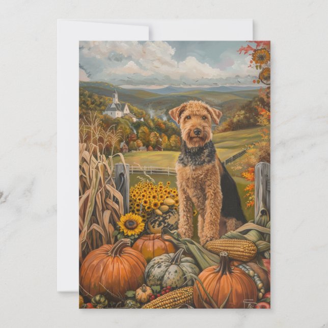Airedale Autumn Harvest Thanksgiving Dog Holiday Card (Front)