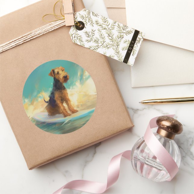 Airedale Beach Surfing Painting  Classic Round Sticker (Gifting)