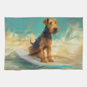 Airedale Beach Surfing Painting Tea Towel