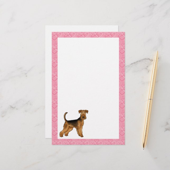 Airedale Bingley Terrier Dog With Pink Hearts Stationery (Front/Back In Situ)