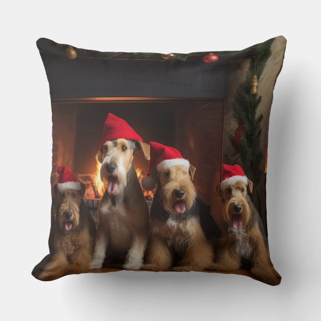 Airedale by the Fireplace Christmas  Cushion (Front)