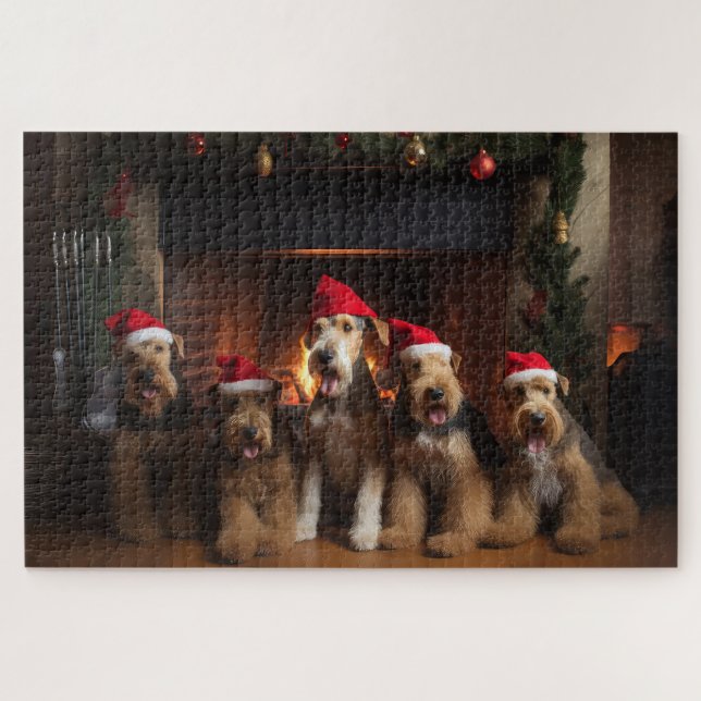 Airedale by the Fireplace Christmas  Jigsaw Puzzle (Horizontal)
