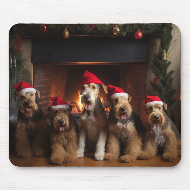 Airedale by the Fireplace Christmas  Mouse Mat (Front)