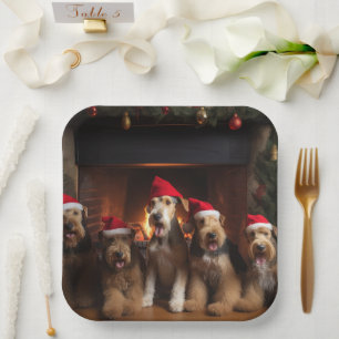 Airedale by the Fireplace Christmas  Paper Plate