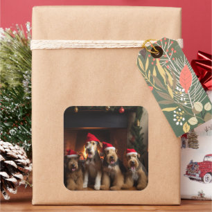 Airedale by the Fireplace Christmas Square Sticker