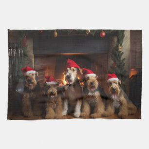 Airedale by the Fireplace Christmas Tea Towel