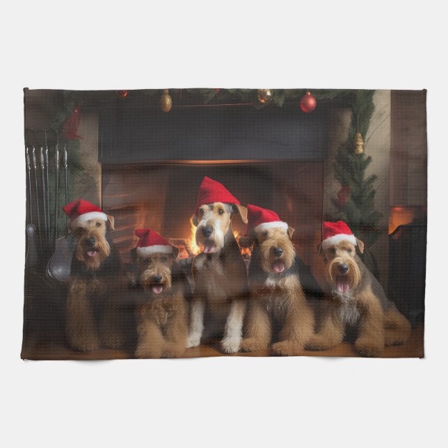 Airedale by the Fireplace Christmas  Tea Towel (Horizontal)