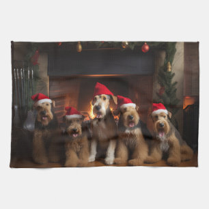 Airedale by the Fireplace Christmas  Tea Towel