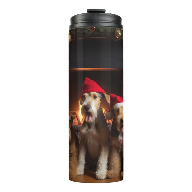 Airedale by the Fireplace Christmas  Thermal Tumbler (Front)