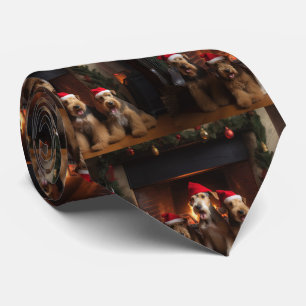 Airedale by the Fireplace Christmas  Tie