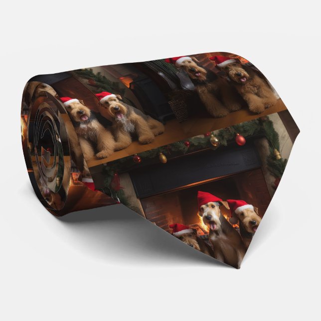 Airedale by the Fireplace Christmas  Tie (Rolled)
