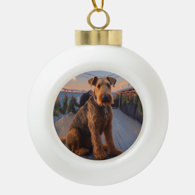 Airedale Christmas Cruise: Pawsome Holiday Delight Ceramic Ball Christmas Ornament (Front)