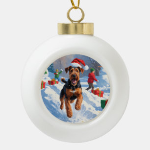 Airedale Christmas Festive Snow Scene Ceramic Ball Christmas Ornament