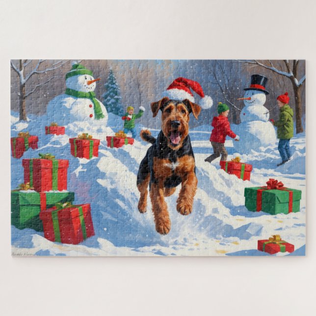 Airedale Christmas Festive Snow Scene Jigsaw Puzzle (Horizontal)