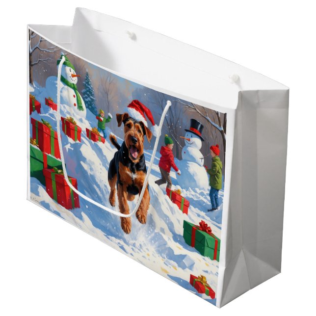 Airedale Christmas Festive Snow Scene Large Gift Bag (Front Angled)