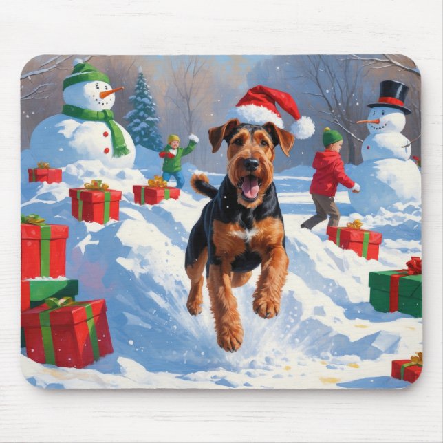 Airedale Christmas Festive Snow Scene Mouse Mat (Front)