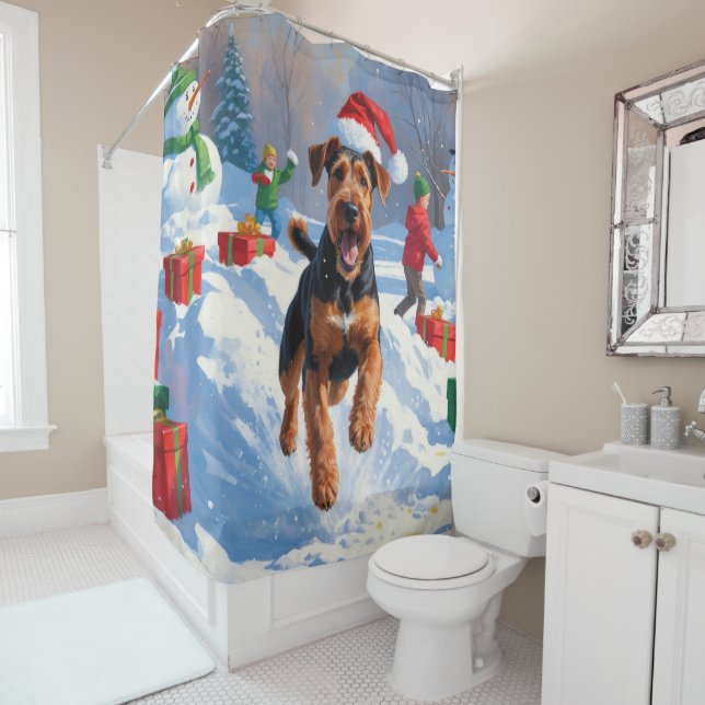 Airedale Christmas Festive Snow Scene Shower Curtain (In Situ)