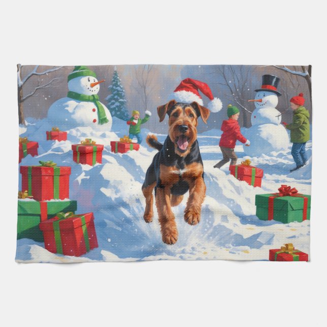 Airedale Christmas Festive Snow Scene Tea Towel (Horizontal)