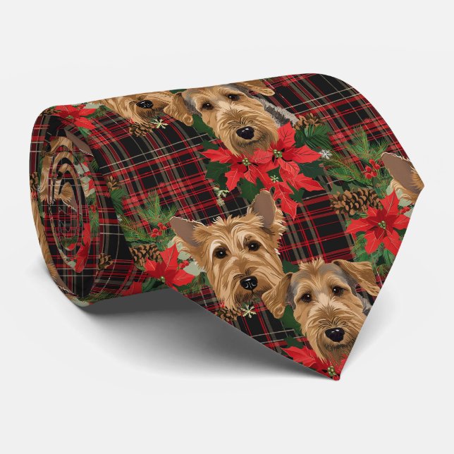 Airedale Christmas Plaid Pattern Red Green Tie (Rolled)