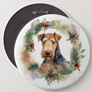 Airedale Christmas Wreath Festive Pup  6 Cm Round Badge