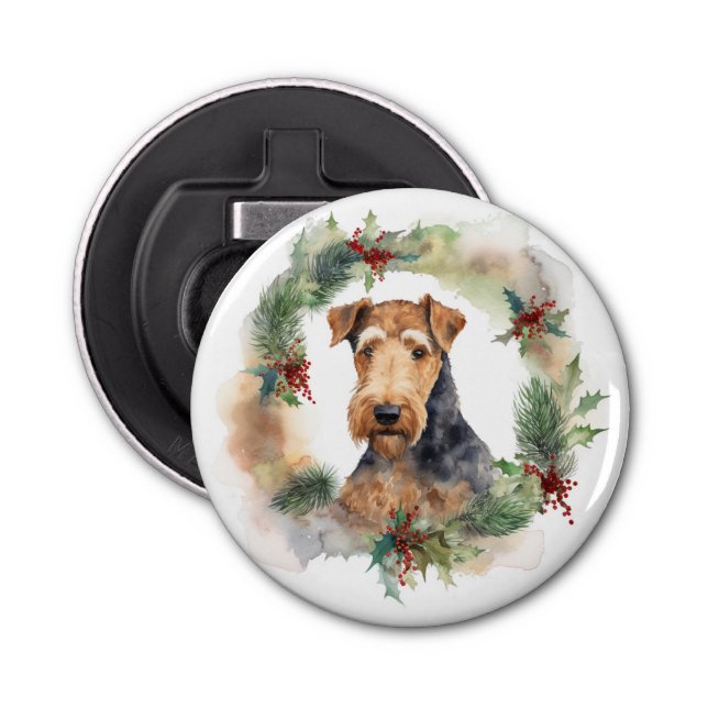 Airedale Christmas Wreath Festive Pup  Bottle Opener (Front)