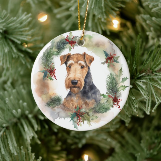 Airedale Christmas Wreath Festive Pup  Ceramic Tree Decoration (Tree)