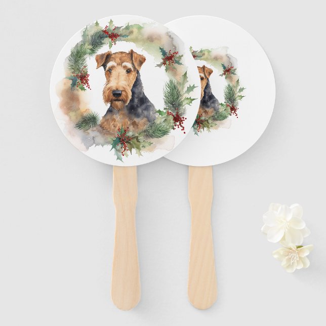 Airedale Christmas Wreath Festive Pup  Hand Fan (Front and Back)