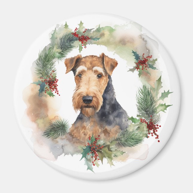 Airedale Christmas Wreath Festive Pup  Magnet (Front)