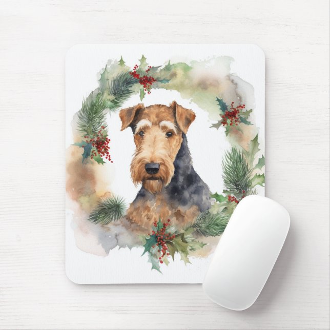 Airedale Christmas Wreath Festive Pup  Mouse Mat (With Mouse)